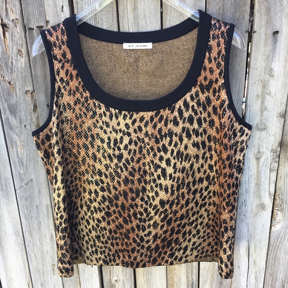 St. John Leopard Print Sleeveless Sweater Vest Santana Knit Brown Black L - Picture 6 of 8